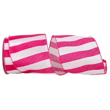 Reliant Ribbon 4 in. 10 Yards Cabana Stripe Bright Wired Edge Ribbon, Azalea 93628W-963-10F